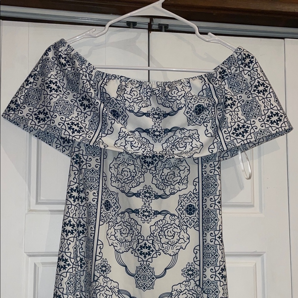 Blue and White Off-Shoulder Dress- Medium - Picture 3 of 6